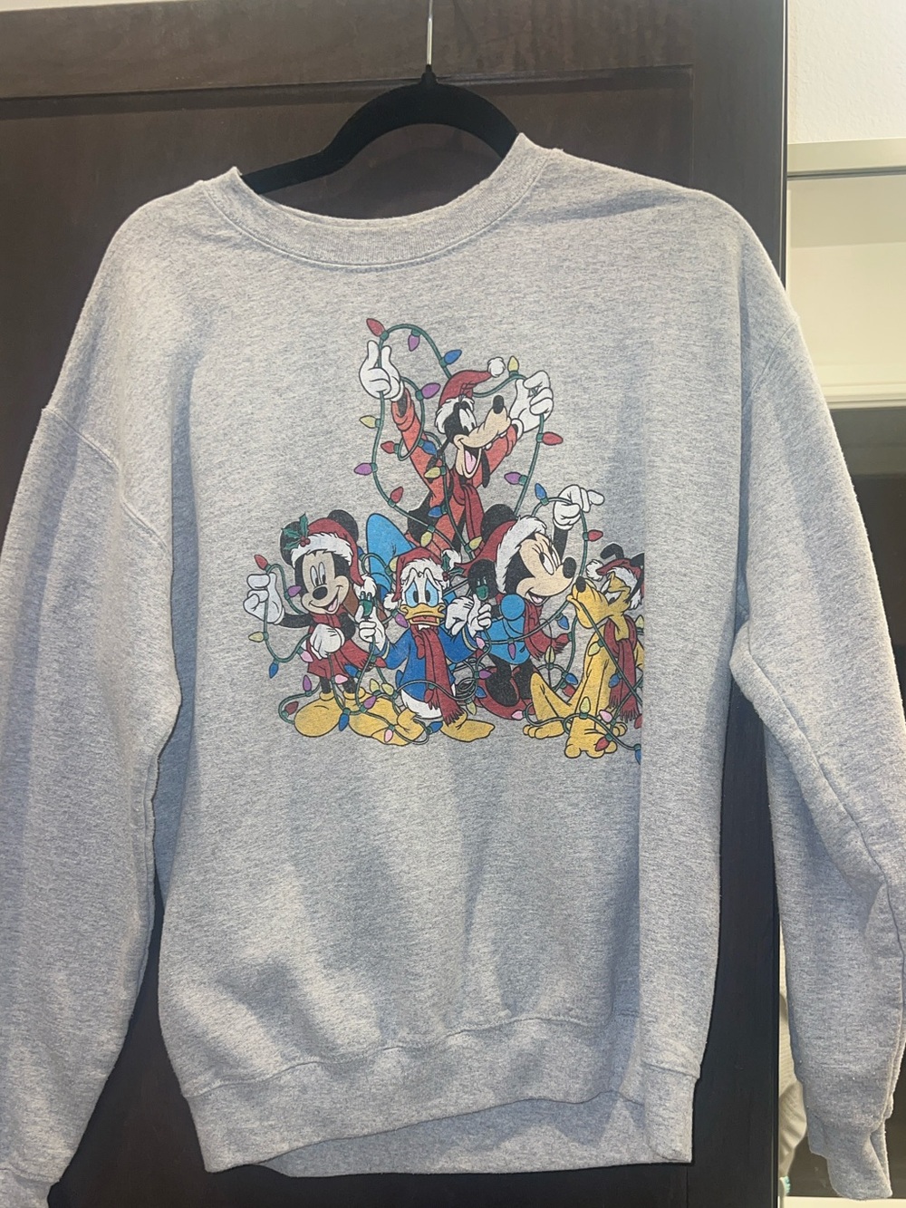 Disney Unisex Gray Crewneck Sweatshirt with Mickey & Friends Christmas Graphic